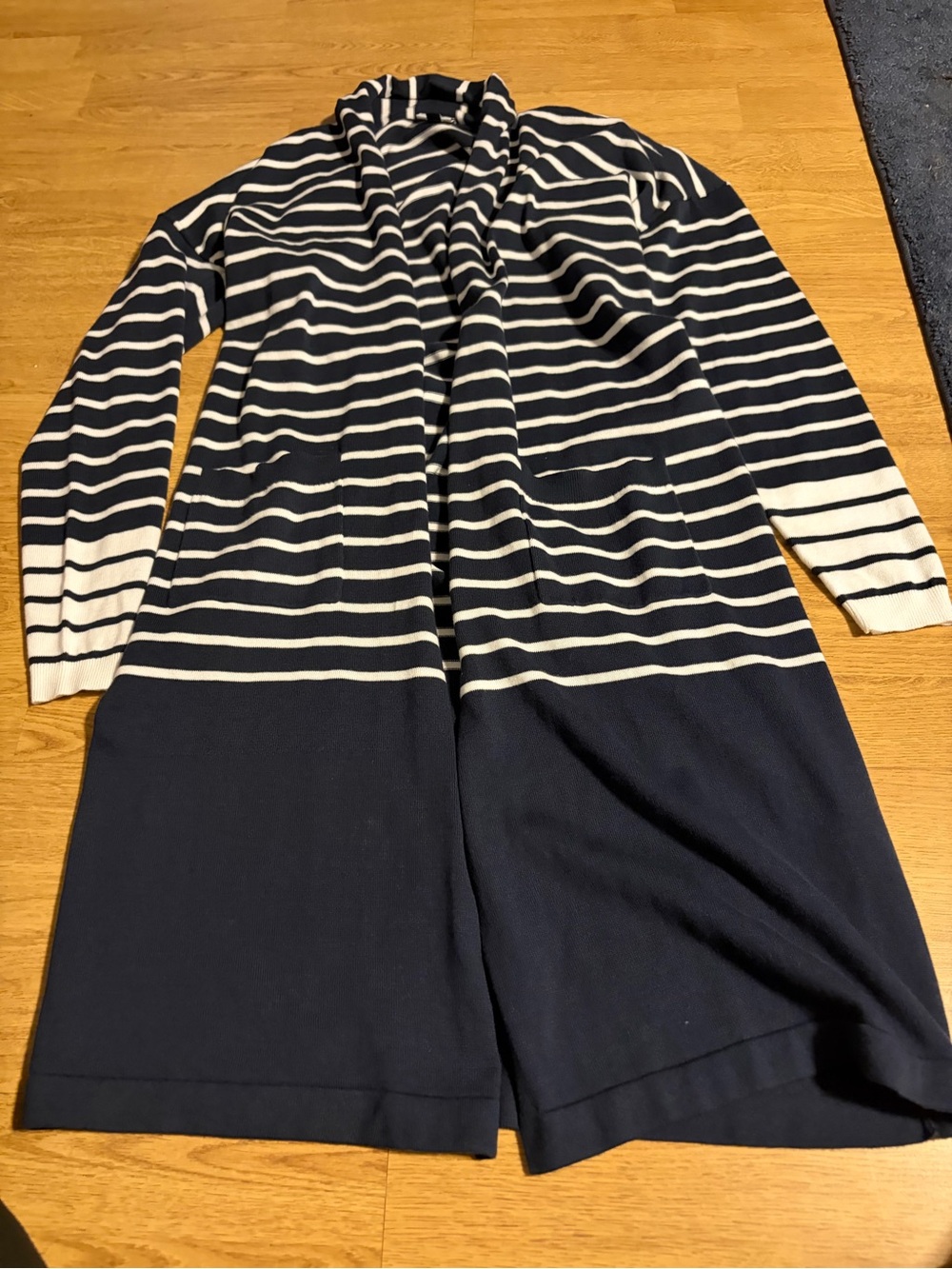 CAbi Navy and White Striped Open-Front Cardigan